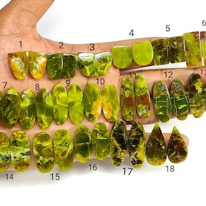 Puede incluir: Una colección de dieciocho piedras preciosas pulidas de varias formas, incluyendo ovaladas, rectangulares y en forma de lágrima. Las piedras muestran una gama de tonos verdes y amarillos, con patrones intrincados. Las piedras preciosas se muestran en una mano.