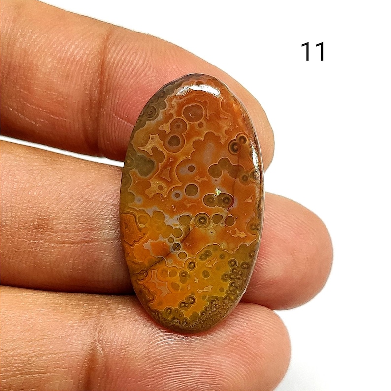 May include: An oval-shaped cabochon gemstone featuring a polished surface with a complex pattern of orange, brown, and yellow circular orbicular inclusions. The stone displays a smooth, glossy finish with distinct natural markings and the number 11.