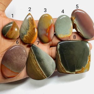 May include: A collection of eight polished gemstones in various shapes and colors, including brown, gray, orange, and red. The stones are held in a hand, showcasing their natural patterns and textures. Each stone is unique, with variations in color and veining.