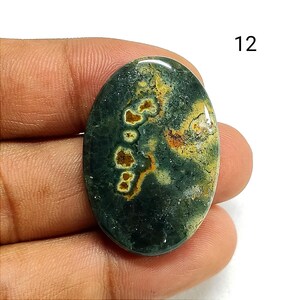May include: An oval-shaped polished gemstone featuring a deep forest green base color with mottled patterns of mustard yellow and burnt orange inclusions. The stone has a smooth, reflective surface and is marked with the number 12 in the corner.