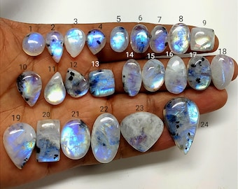 May include: A collection of twenty-four polished moonstone gemstones in various shapes, including oval, teardrop, and rectangular. The stones display a range of colors, with blue and white iridescence. Each stone is numbered for identification.