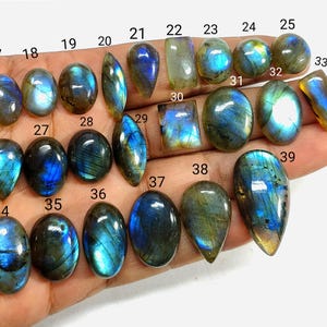 May include: A collection of polished labradorite gemstones in various shapes, including oval, teardrop, and rectangular. The stones display iridescent blue, green, and gold flashes. Each stone is numbered for identification.