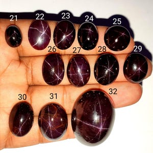 Könnte beinhalten: Eine Sammlung ovaler und runder, polierter, dunkelroter Edelsteine mit sternförmigem Muster. Die Edelsteine werden auf einer Hand präsentiert, mit den Nummern 21 bis 32 sichtbar. Die Steine variieren in Größe und Form.