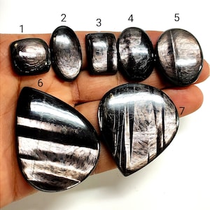 May include: Seven polished black star diopside gemstones in various shapes, including oval, rectangular, and teardrop. The stones have a reflective, iridescent quality with a silvery sheen, and are held in a hand against a white background.