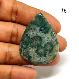May include: A teardrop-shaped moss agate gemstone featuring a polished surface with deep forest green and earthy brown inclusions. The stone displays a natural mottled pattern with dark circular spots throughout. The number 16 is visible.