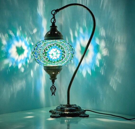 Turkish Moroccan Mosaic Swan Goose Neck Table Desk Bedside Night Accent Lamp Light Lamp Shade Lampshade Teal