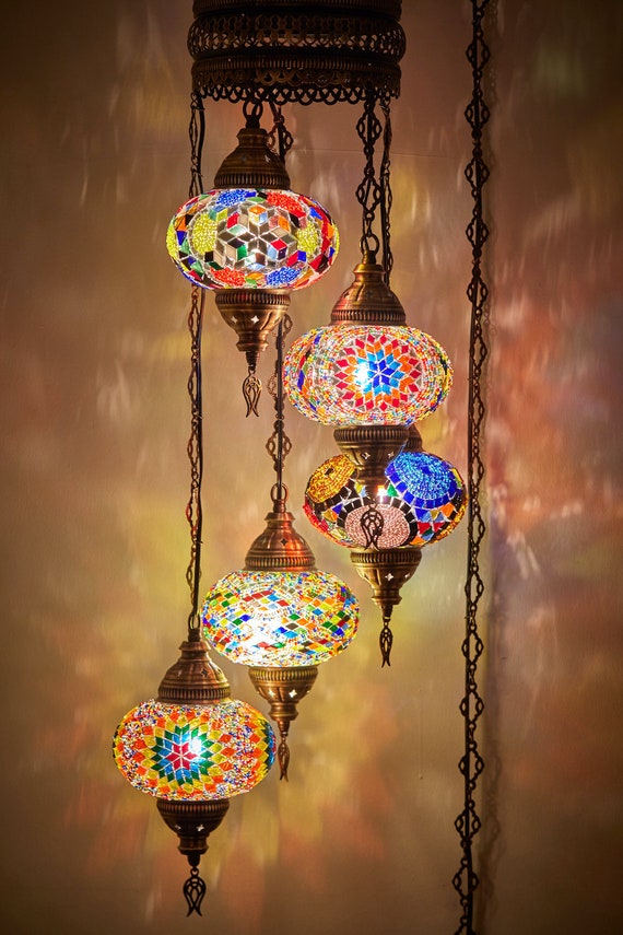 Turkish Handmade Lamp Moroccan Mosaic Chandelier Big Large Ceiling Hanging Glass 