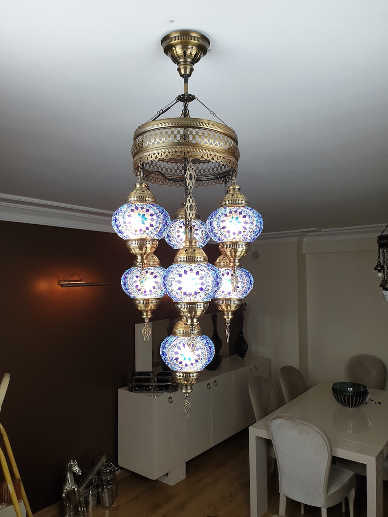 WorldWide Use BLUE FREE SHIP 7 Globes Turkish Moroccan Mosaic Hanging Ceiling Lantern Lamp Pendant Light Fixture Chandelier Lighting