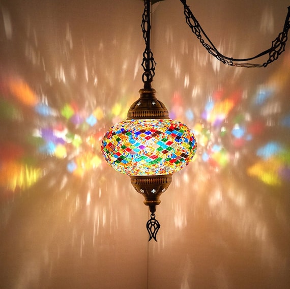 8 couleurs - SWAG PLUG IN Lampe mosaïque turco-marocaine avec cordon de chaîne de 15 pieds et prise