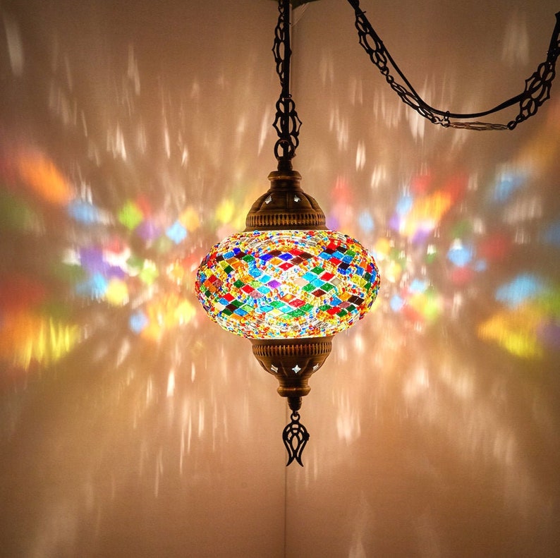 8 Colors - SWAG PLUG IN Turkish Moroccan Mosaic Lamp with 15feet Chain Cord & Plug 