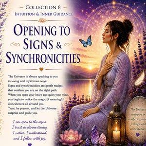 May include: A poster titled Collection 8 Intuition & Inner Guidance Opening to Signs & Synchronicities. It features a person in a lavender dress sitting near a lake, a butterfly, a lantern, crystals, and text about trusting the universe.