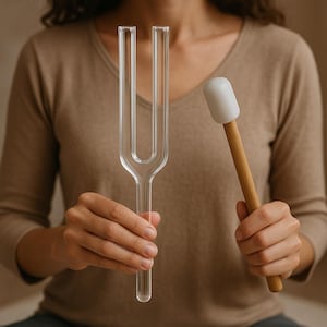 Könnte beinhalten: Eine klare Stimmgabel aus Glas in einer Hand und ein Holzschlägel mit weißem Kopf in der anderen. Die U-förmige Stimmgabel wird zur Klangheilung und Meditation verwendet.