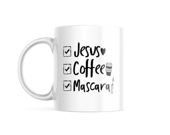 Jesus Coffee and Mascara - Where Inner Beauty Meets Outer Double-Sided Coffee Tea Mug | 11-Ounce Cup Printed in The USA Coffee Mug | NI999