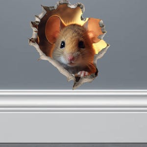 May include: A realistic image of a small mouse peeking out of a hole in a wall. The mouse has brown fur, large ears, and small black eyes. The hole is surrounded by a torn, textured surface, with a bright light in the background.