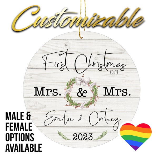 Custom First Christmas LGBTQ Mrs & Mrs Mr And Mr Ornament - 3" Round Ceramic - Inclusive Christmas Gift For Couples Newly Weds - FHJO0169