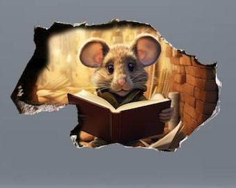 Reading Mouse Wall Decal, Funny Hole Sticker, Kids Room Decor (2-Pack)