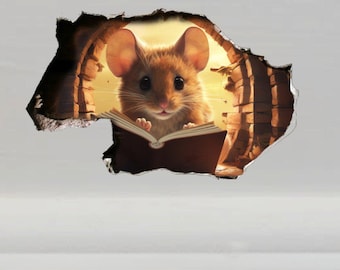 Mouse Hole Vinyl Wall Decal, 3D Reading Mouse Sticker (2-Pack)
