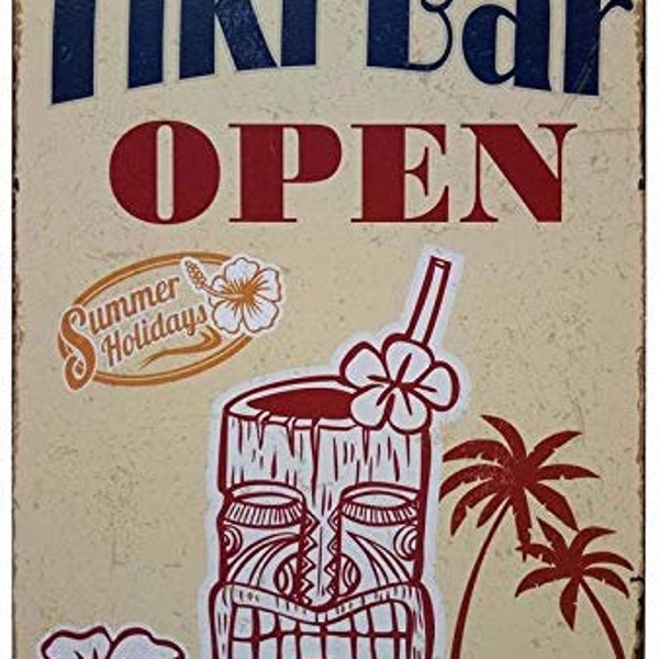Vintage Tiki Hut Is Open Tropical Pool Patio Boat Bar Decor Tiki Decorations 8 Inch by 12 Inch Sign