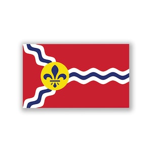 May include: The flag of St. Louis, Missouri, features a red background with three white, wavy lines and a yellow circle containing a blue fleur-de-lis.