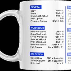 May include: White ceramic mug with a blue and white design. The mug features a list of keyboard shortcuts for Microsoft Excel. The text on the mug includes "General", "Workbook", "Selection", "Go To", "Rows/Columns", and "Borders".