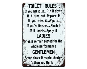 Toilet Rules. Funny Metal Wall Sign Plaque Art Inspirational. Bathroom Sign