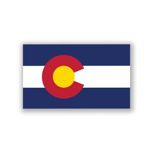 May include: The flag of Colorado features a large, red circle with a yellow center, representing the sun, on a field of blue with a thin white stripe across the middle.