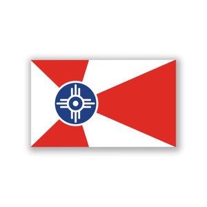 May include: The flag of Wichita, Kansas, features a white field with a red triangle in the upper right corner. A blue circle with a white sun symbol is centered on the flag.