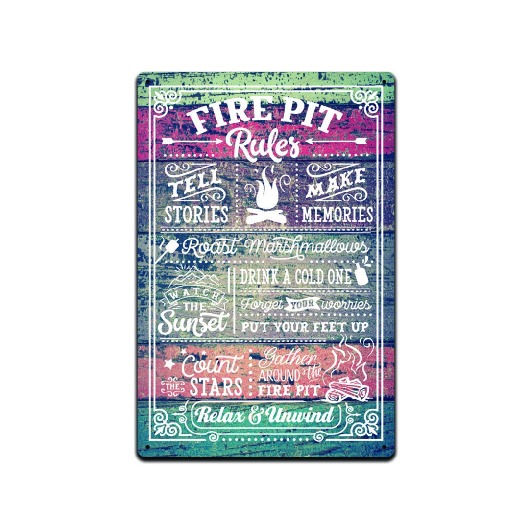 Fire Pit Rules Metal Tin Sign - Backyard Decor, Backyard Sign, Welcome ...