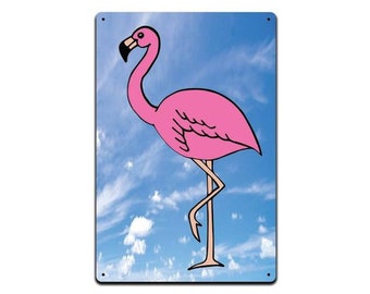 Pink Flamingo Metal Tin Sign, USA Made, Retro Wall Decor (8x12)