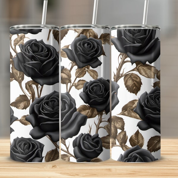 3D Black Roses 20 oz Skinny Tumbler Sublimation Design, Straight & Tapered Wrap, Tumbler Wrap Png, Instant Download