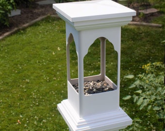 White 4 inch PVC post mount bird feeder with New England cap- tray feeder - PVC- long lasting -handmade in USA - weatherable top post cap