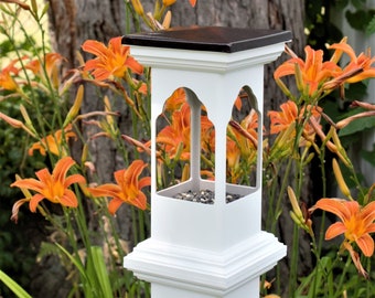 White 4inch PVC post mount bird feeder with aluminum cap- tray feeder - All PVC- long lasting -handmade in USA - fence or railing topper cap