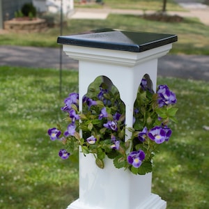 White 4&quot; PVC post mount planter with aluminum powder coated cap- plant holder - All PVC- long lasting -handmade in USA - posttoppers
