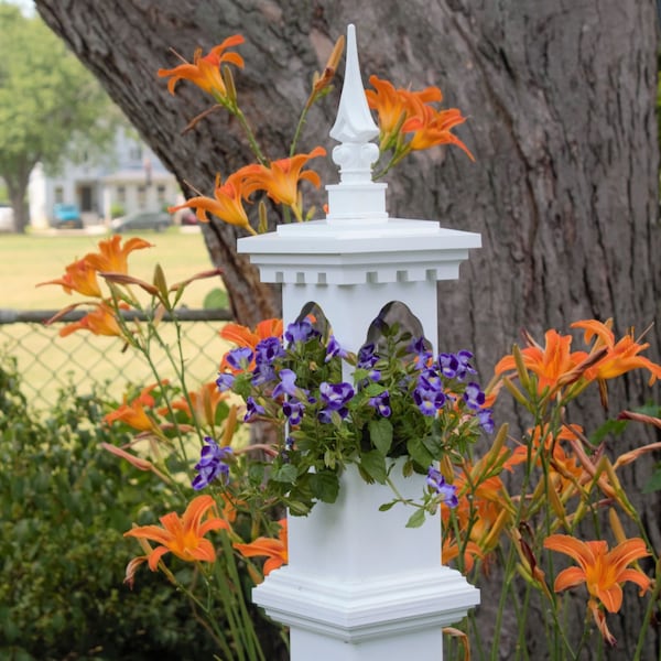 White 4" PVC post mount planter with Bridgeport InSpire cap- plant holder - All PVC- long lasting -handmade in USA - fence or railing topper