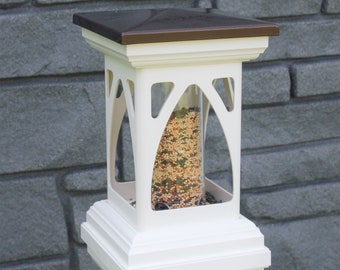 Bird lovers fun, White weatherable 5" PVC Post mount tube feeder, w/powder coated metal cap , made in the USA, low maintenance, ez fill tube