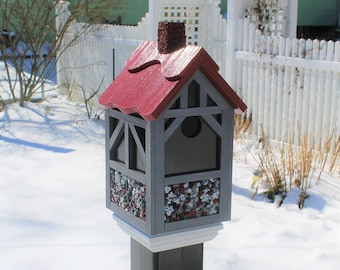 Handmade Tudor Pebble Birdhouse: Red Roof, Garden Decor mounts on 4inch PVC /vinyl post
