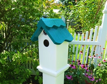 Handcrafted all vinyl Bird House: Poseidon Weatherable Post Mount for 4inch PVC fence post