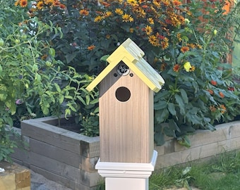 Handmade PVC Birdhouse Post Topper: Weatherable Timber Blend, Bamboo Roof