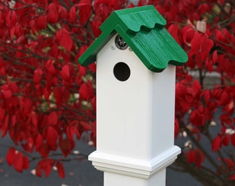 Handcrafted Bird House fence Post Topper: Green Roof, 4-inch PVC/ vinyl post top  Mount
