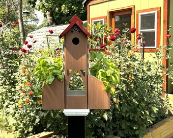 Ivy Tower Birdhouse: PVC Post Mount, Planter Boxes, Wood Roof