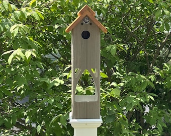 Weatherproof Birdhouse Feeder Combo: 4 inch PVC Post topper, Larch wood Roof