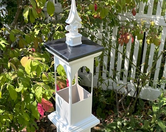 White Post Mount Bird Feeder with Metal Spire Cap for 4 inch PVc post