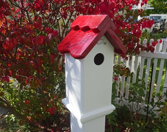 Handcrafted Bird House: Colonial Red  Roof- post top- 4inch PVC/vinyl fence-medium bird size