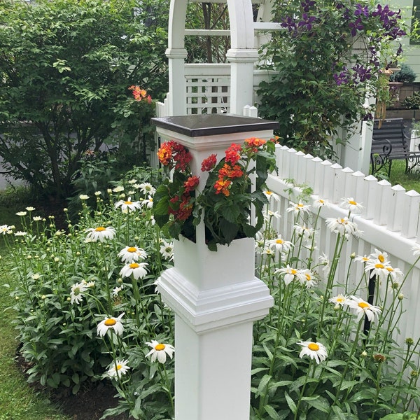 Post mount planter, planter for 5-inch PVC fence post, outdoor weatherable, durable post planter for annual plants, bronze metal top cap