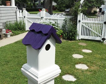 PVC Birdhouse: thatch style purple roof, 5inch Post Mount Nesting Box