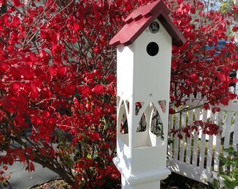 Birdhouse with Feeder-garden post mount Tower: Weatherable, Burgundy Roof- for 4inch PVC/yinyl post