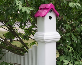 Handmade PVC Birdhouse: 5 inch Post Mount, Hot Pink Roof