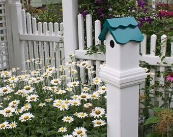 Handmade PVC Post Mountable Birdhouse: Poseidon color Roof-for 5inch fence post- cap alternative