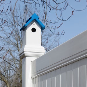 On the post all PVC 5 inch post mount birdhouse, weatherable, nesting box, Blue Chip roof-fully functional, low maintenance , made in USA