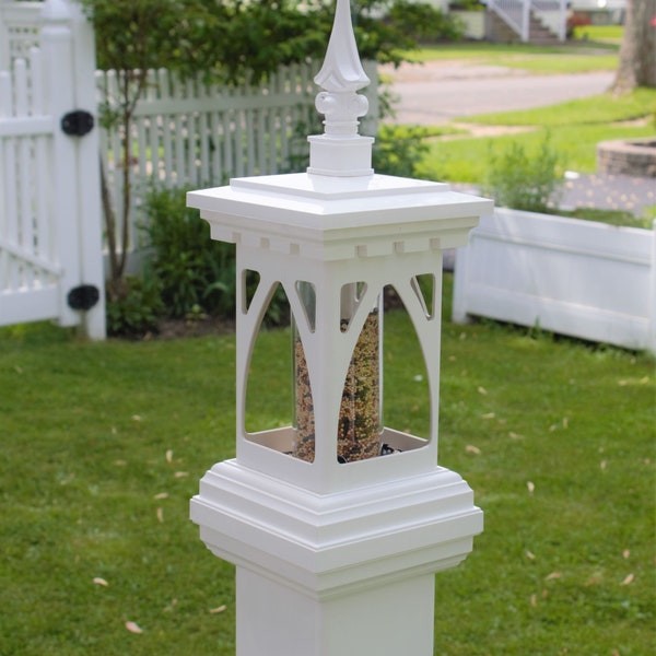 Bird lovers delight, White 5" PVC Post mount Gothic tube feeder, with Bridgeport inspire cap, made in the US, low maintenance, ez fill tube